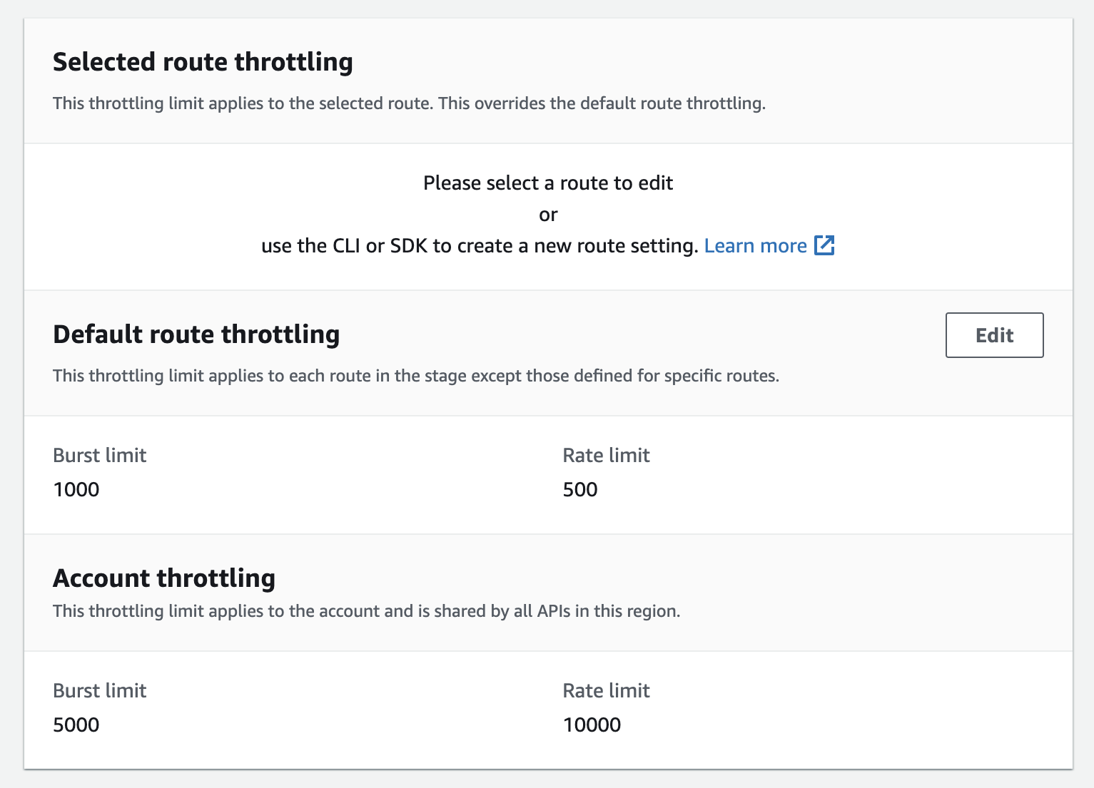 aws console api gateway throttle settings